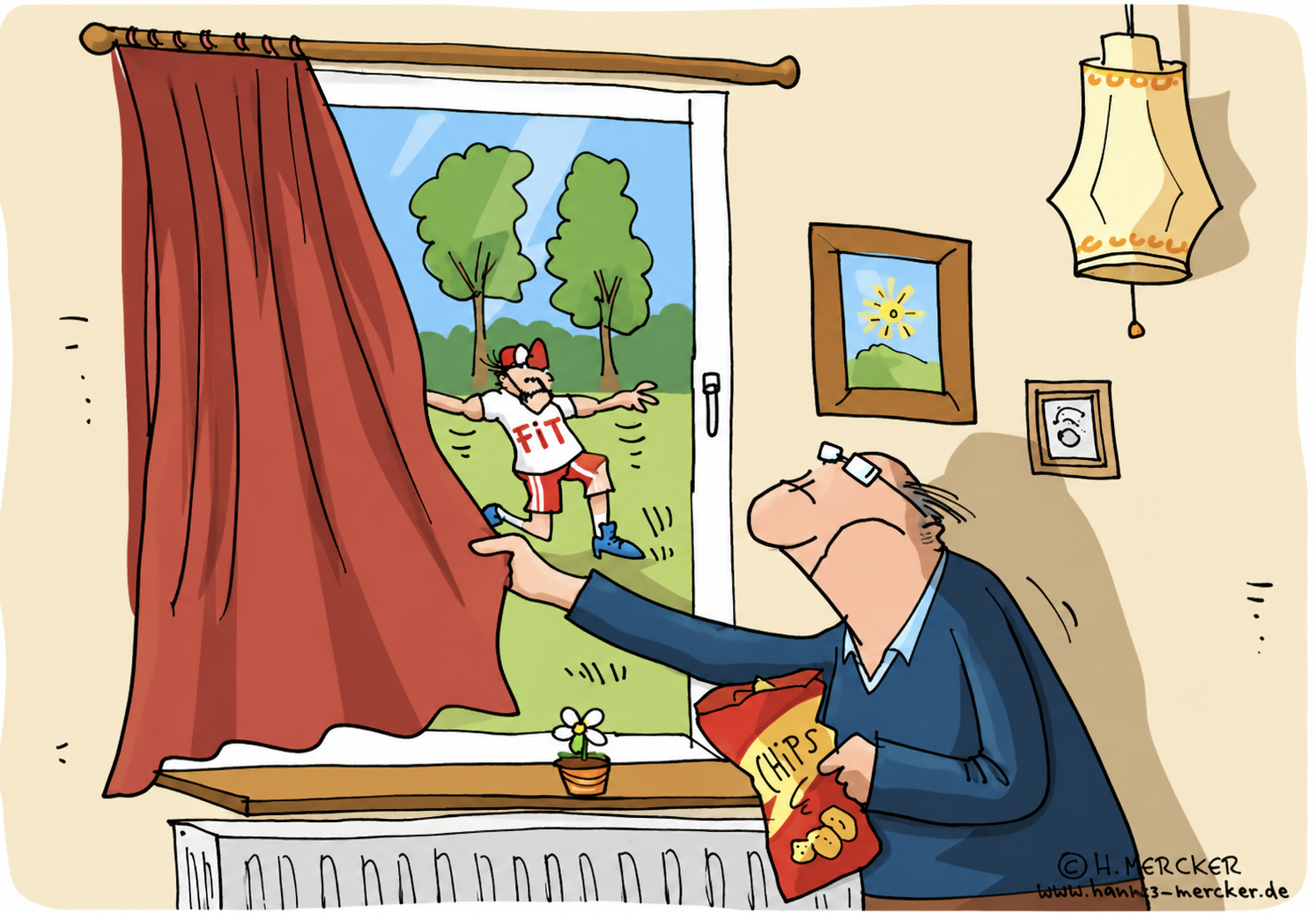 Karikatur: Mann öffnet den Vorhang, während draußen eine fitte Person läuft; er hält eine Tüte Chips.